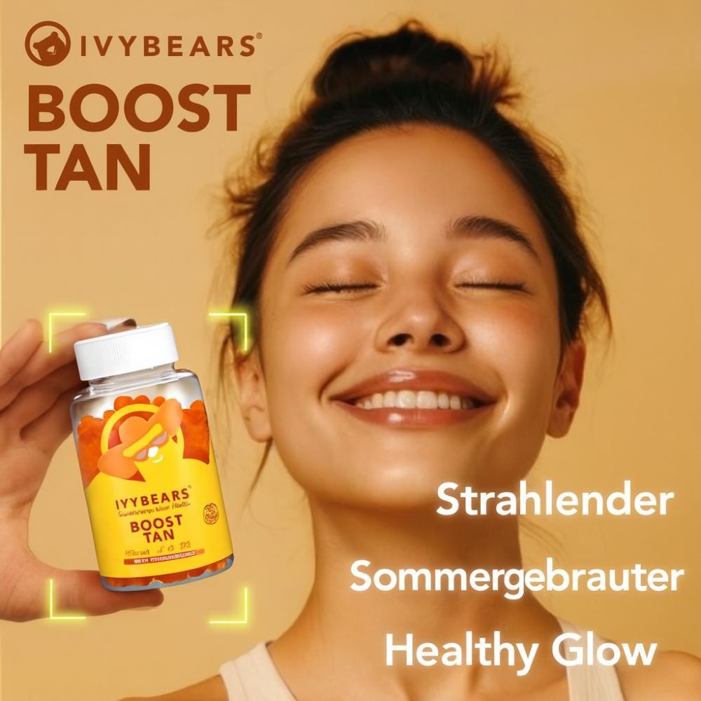 Frau hält Flasche IVYBEARS Boost Tan. Text: Strahlender Sommergebräunter, Healthy Glow.
