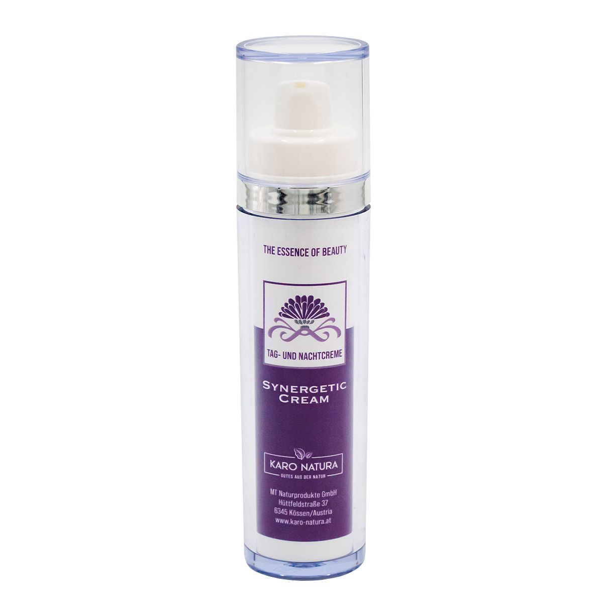 Creme-Spender mit durchsichtigem Deckel. Aufschrift: Synergetic Cream, Karo Natura. Tag- und Nachtcreme.