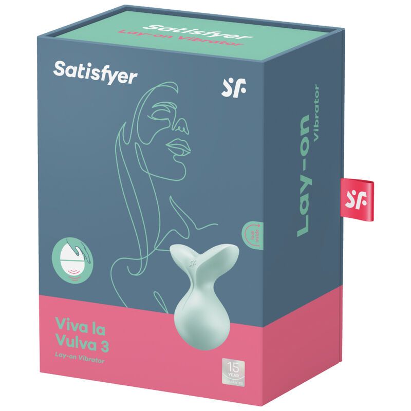 Verpackung von Satisfyer Viva la Vulva 3. Box mit Produktabbildung und Schriftzug. Farben: Blau, Rosa, Weiß.