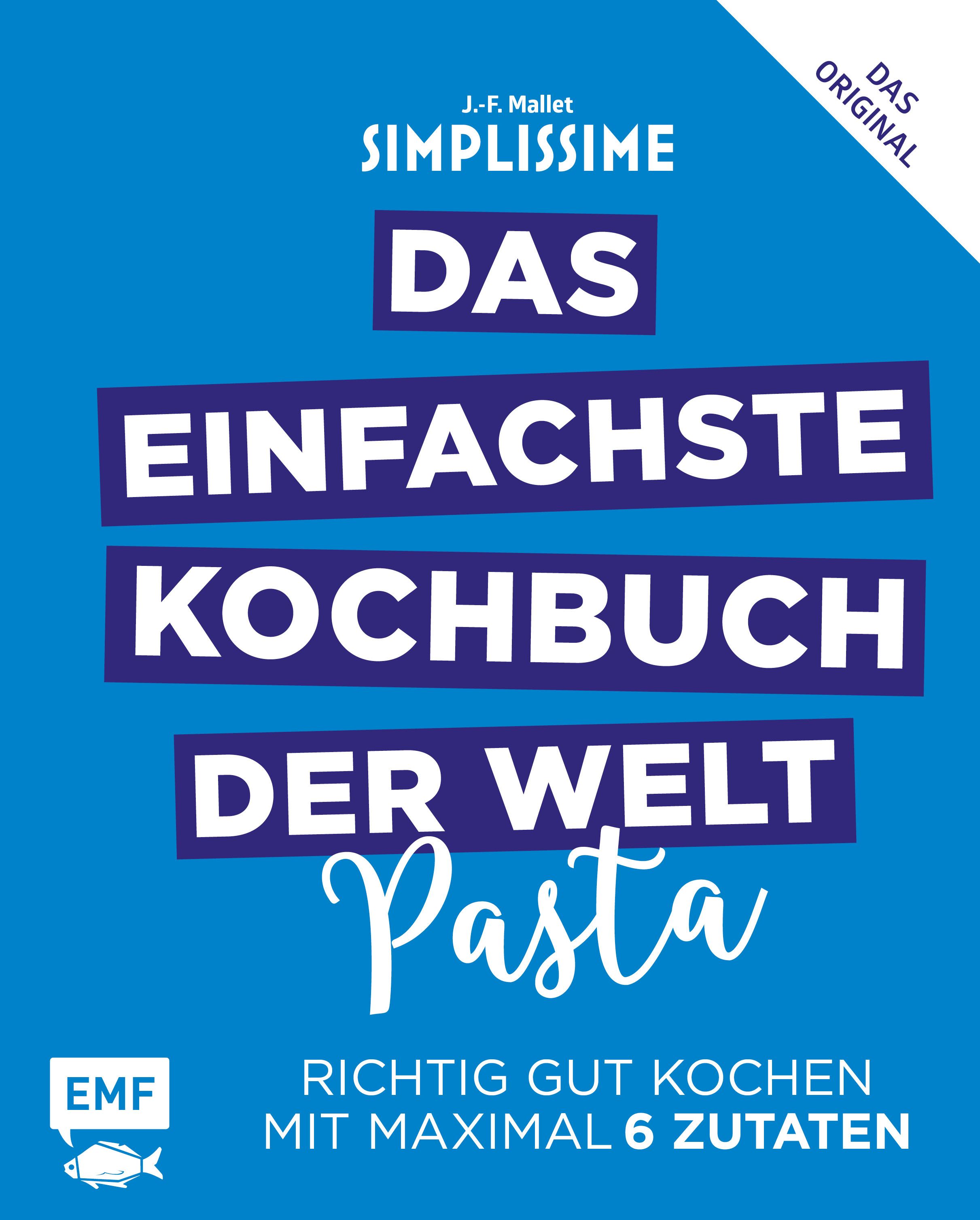 Kochbuch "Simplissime - Das einfachste Kochbuch der Welt – Pasta". Blauer Hintergrund, weißer Text. Titel, Autor, Logo.