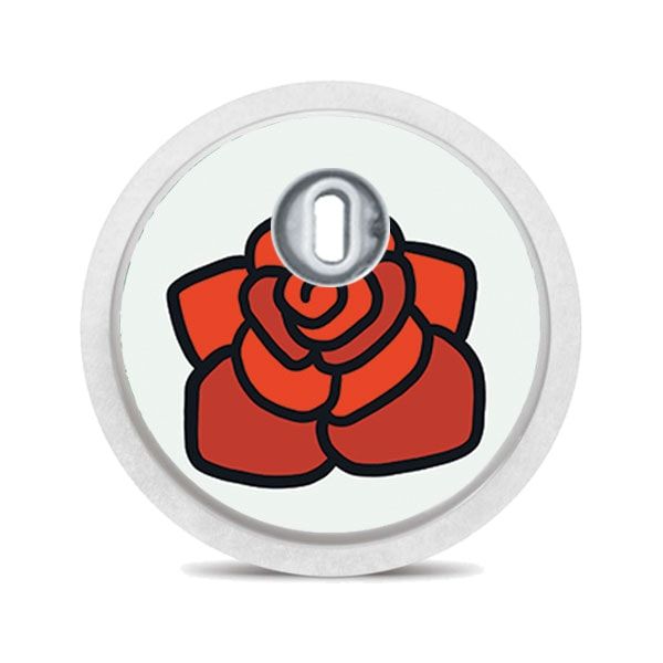 Runder Aufkleber mit Rose auf hellgrünem Hintergrund. Oben ein silberfarbener Sensor.