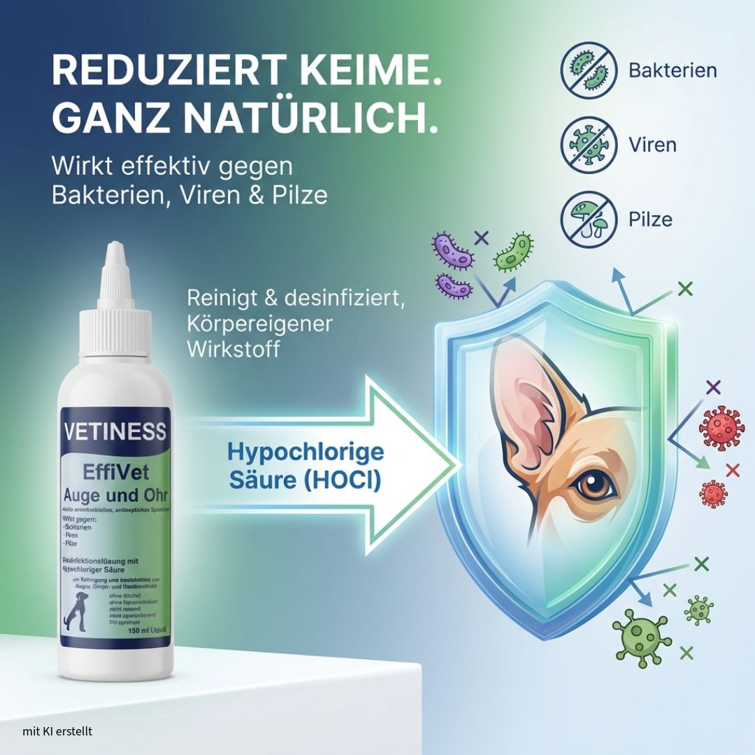 Weiße Flasche mit grünem Etikett. Text: Vetiness EffiVet Auge & Ohr. Wirkt gegen Bakterien, Viren & Pilze. Enthält Hypochlorige Säure.