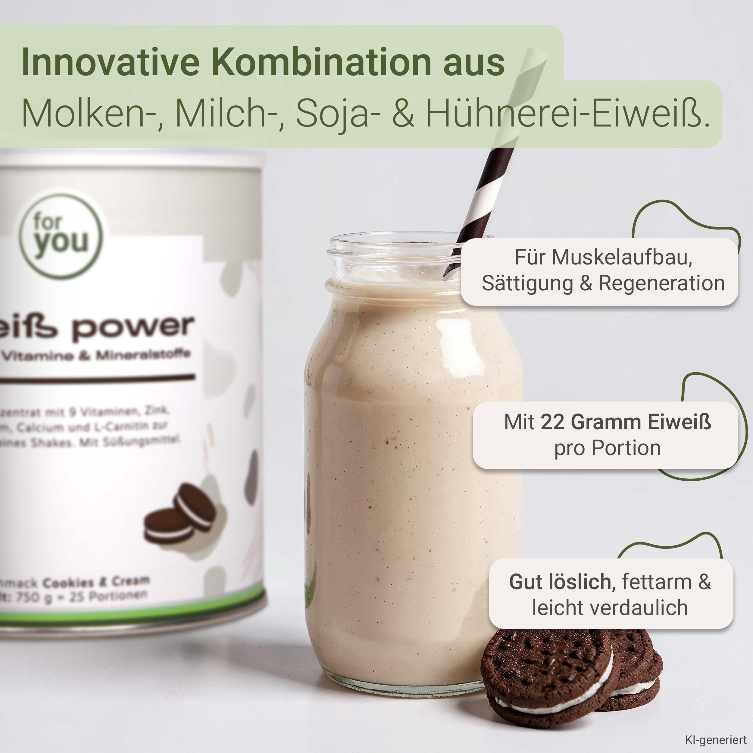 Dose Eiweiß Power Cookies & Cream, ein Glas Shake mit Trinkhalm und Kekse.