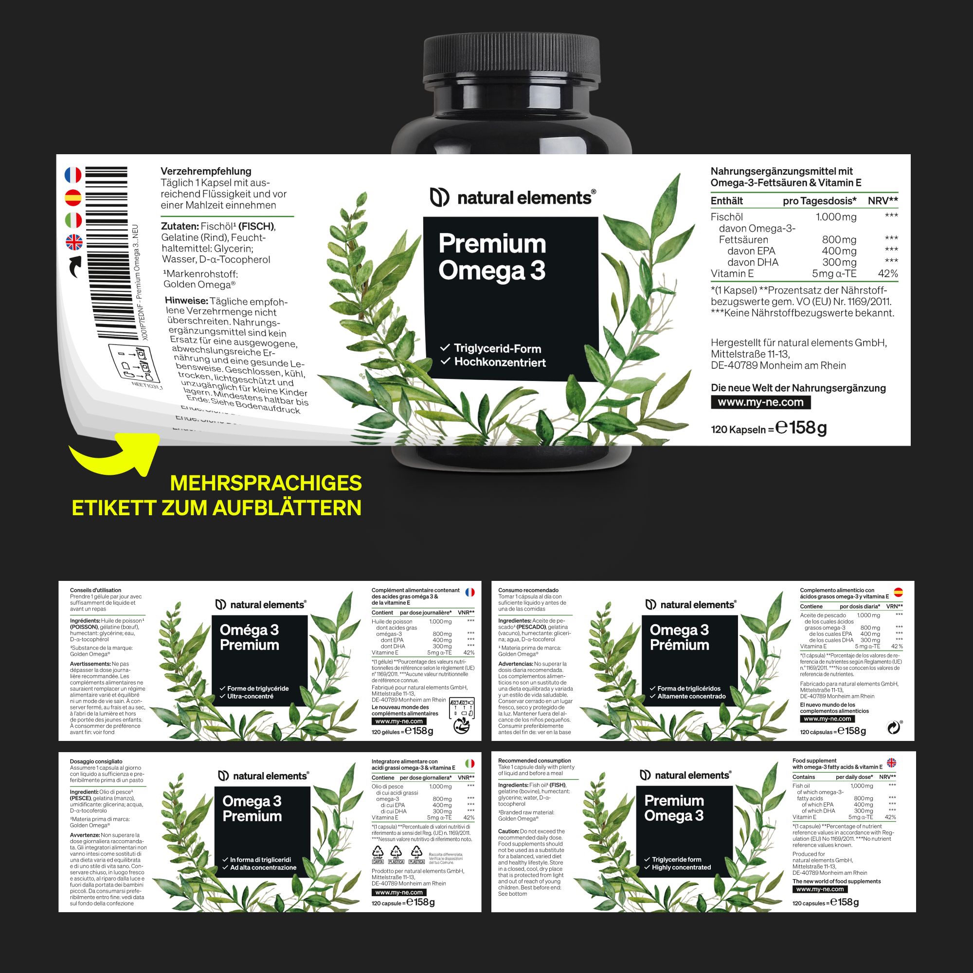 Flasche mit Etikett. Mehrsprachiges Etikett zum Aufblättern. Aufschrift: natural elements Premium Omega 3.