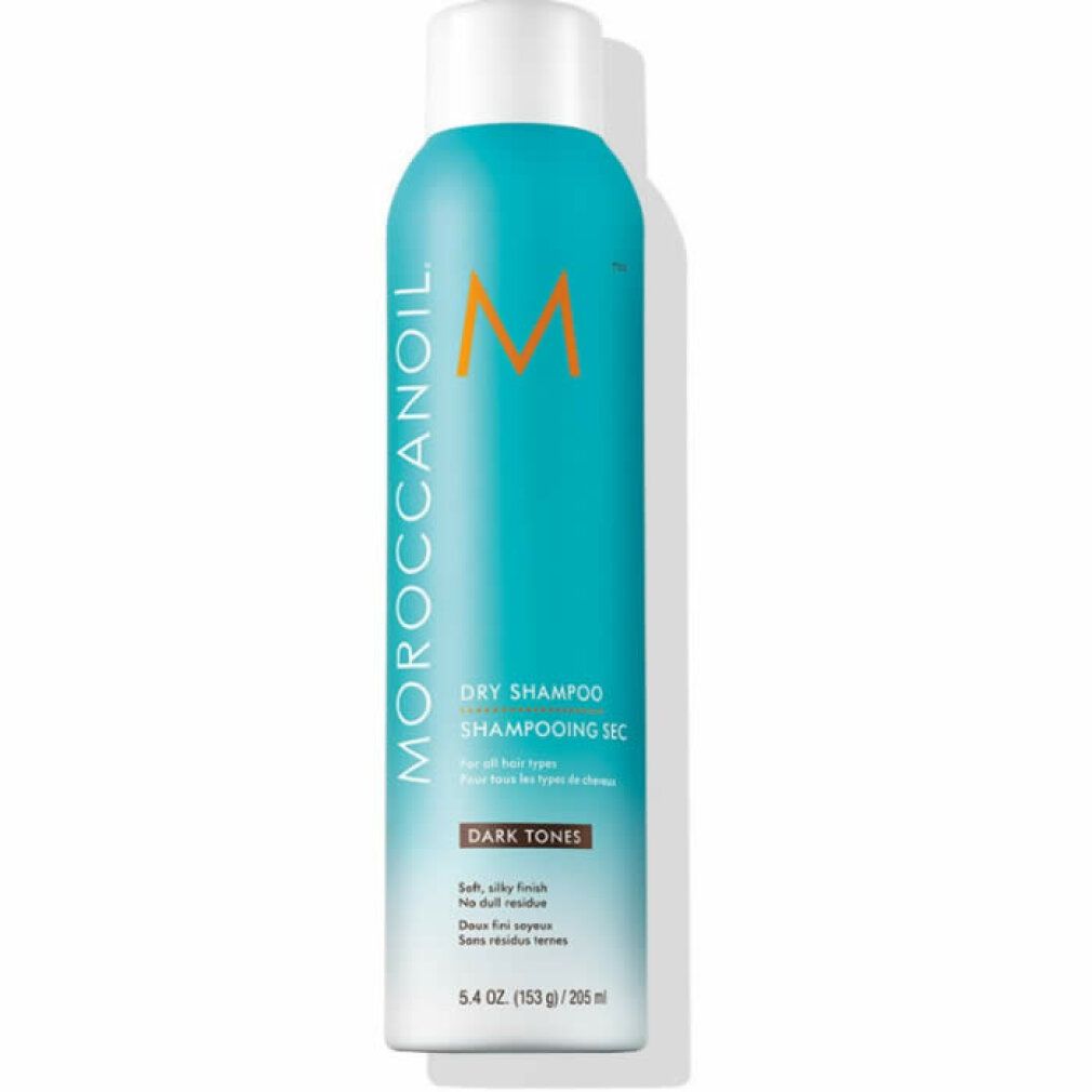 Trockenshampoo-Flasche für dunkles Haar. Türkis-farbene Dose mit weißem Deckel. Aufschrift: MOROCCANOIL, DRY SHAMPOO, DARK TONES.