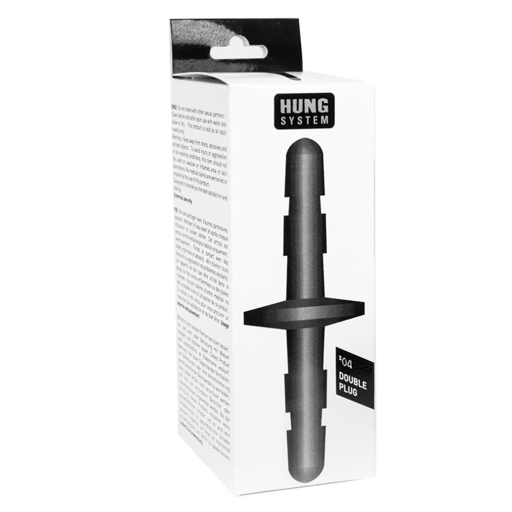 Produkt in weißer Verpackung mit Produktabbildung. Text: HUNG SYSTEM, DOUBLE PLUG.