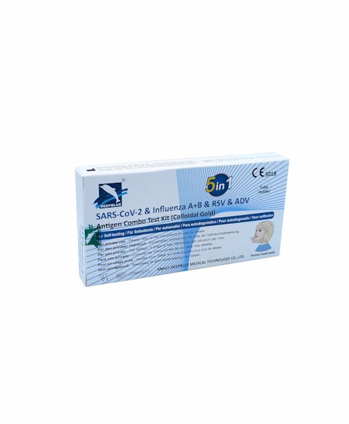 Kartonverpackung mit Produktinformationen. Aufschrift: 5in1 SARS-CoV-2 & Influenza A/B & RSV & ADV Antigen Combo Test Kit.
