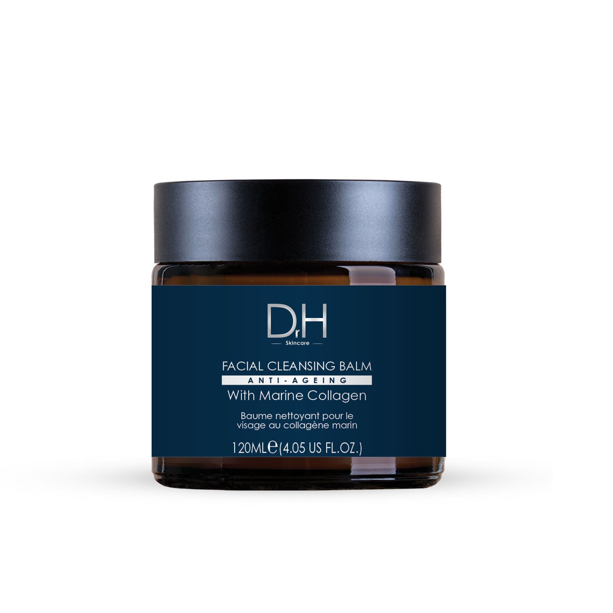 Brauner Tiegel mit schwarzem Deckel. Dunkelblaues Etikett mit Text und Logo. Aufschrift: Marine Collagen.