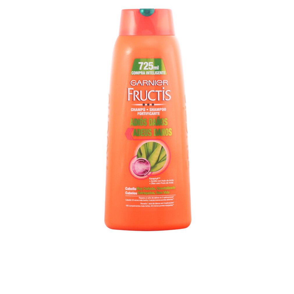 Orangefarbene Shampoo-Flasche. Garnier Fructis-Logo. Text: Adios Daños, Shampoo Fortificante. 725ml.