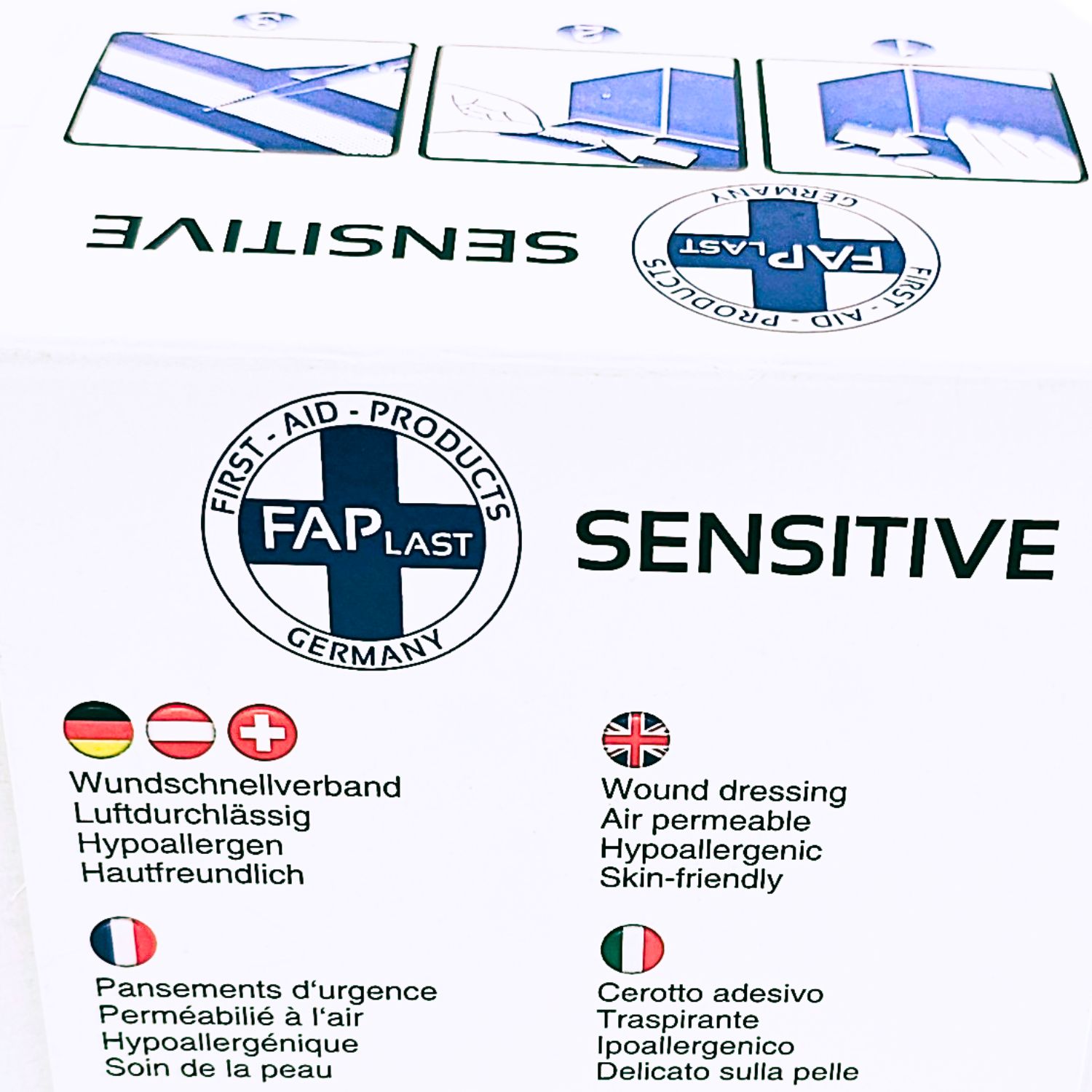 Nahaufnahme der Verpackung mit Logo "FAP First Aid Products" und Aufschrift "SENSITIVE". Mehrsprachige Produktinformationen.