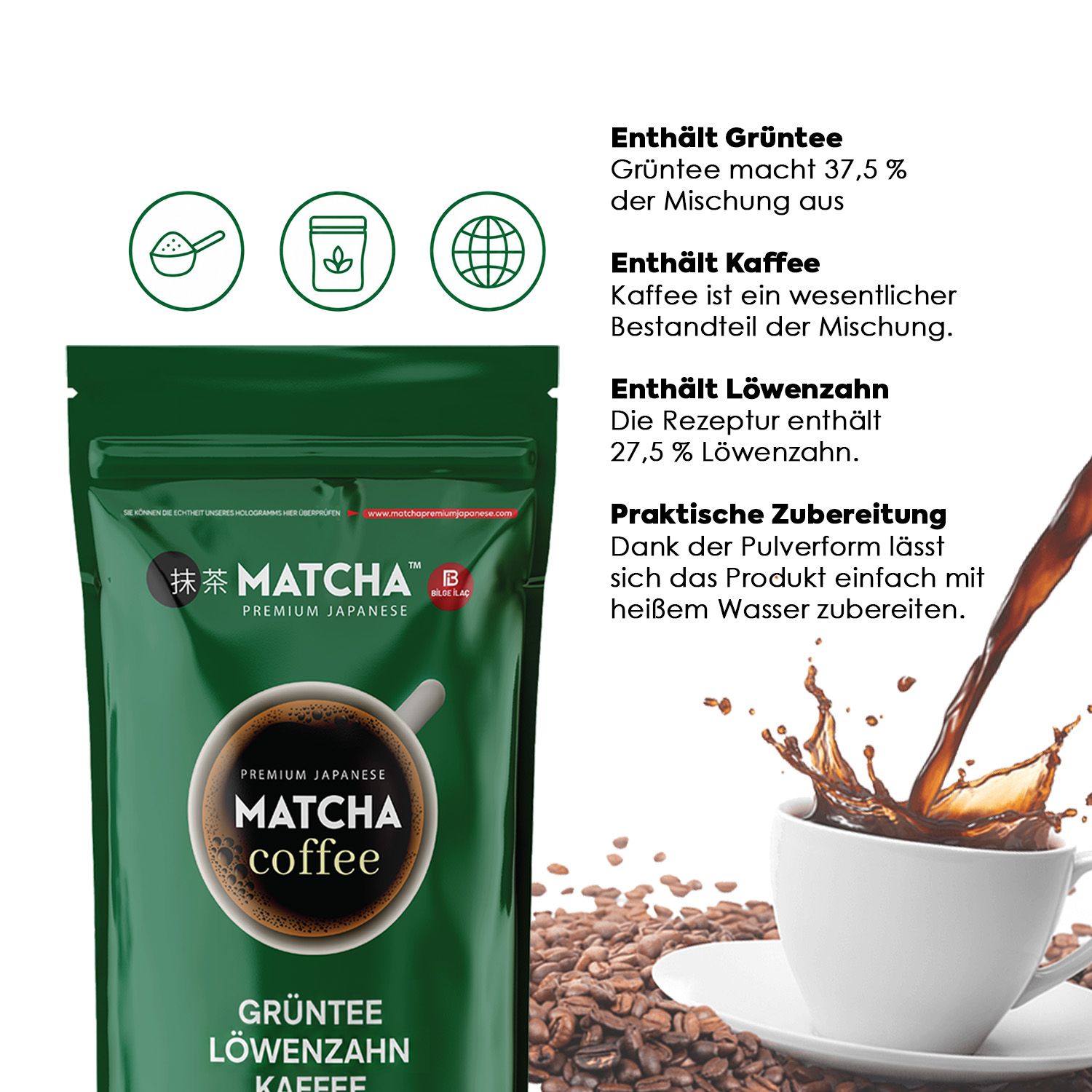 Premium Japanese Matcha Kaffee mit Grüntee & Löwenzahn