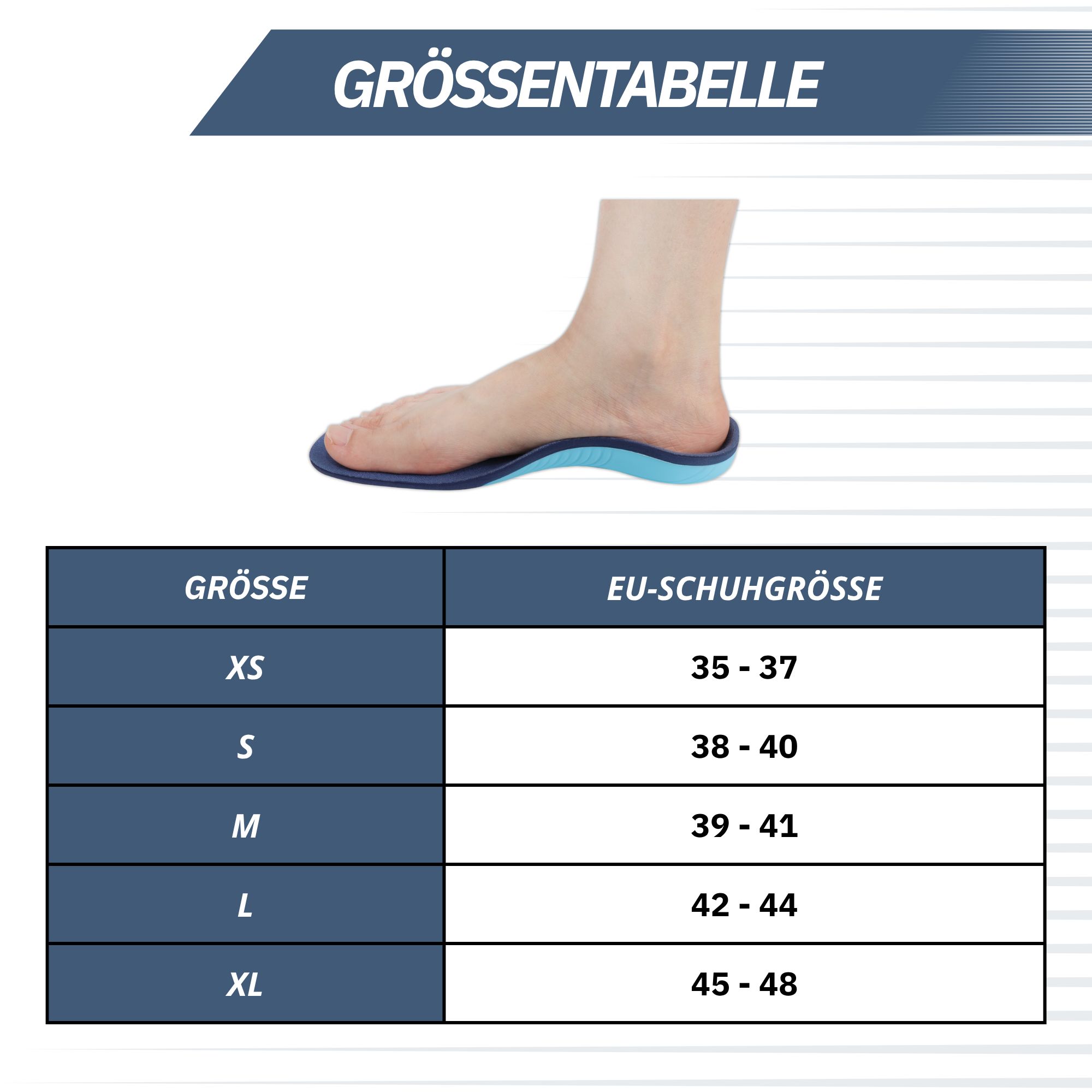 Größentabelle für Einlegesohlen: zeigt Fuß mit Einlegesohle und Tabelle von XS bis XL mit EU-Schuhgrößen.