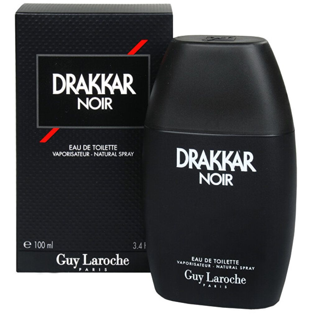 Schwarzer Flakon und Karton von Drakkar Noir Eau de Toilette Spray. Schwarzer Flakon mit weißem Schriftzug. Karton mit roter Linie.