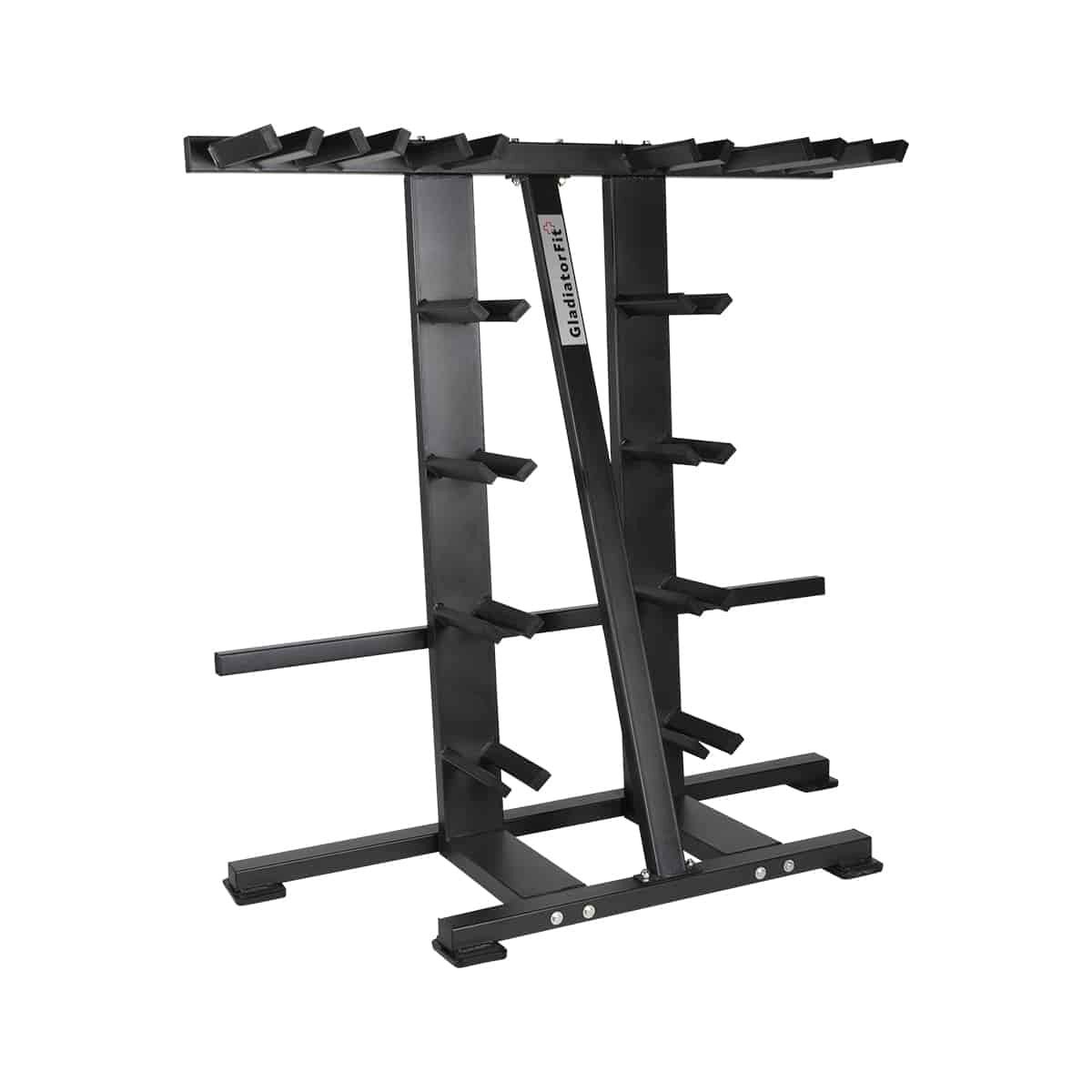 Schwarzer Ständer zur Aufbewahrung von Scheiben und Stangen. Mehrere Ablagen und Halterungen. Marke GladiatorFit.