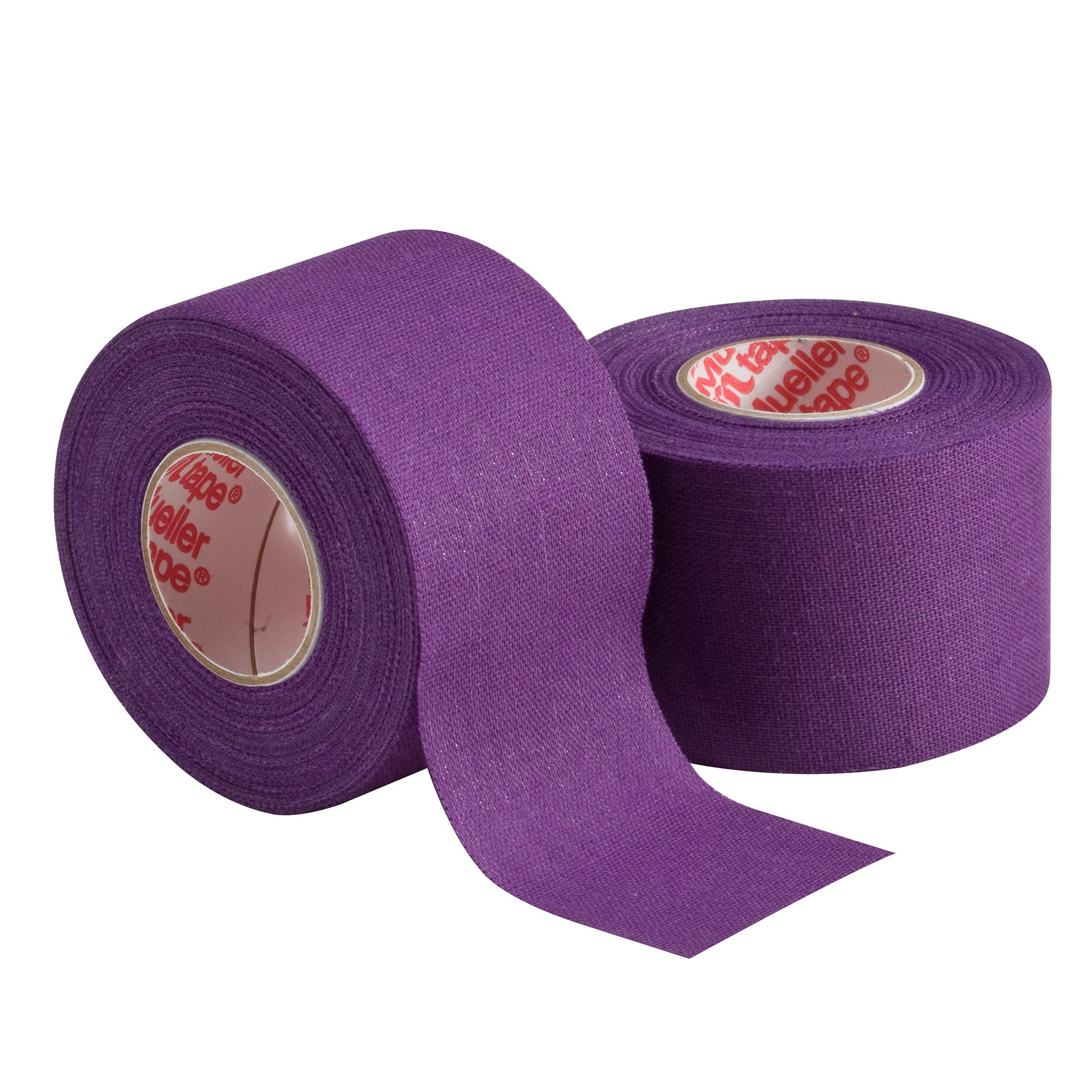 Deux rouleaux de Mueller M-Tape violets. Un rouleau avec du ruban déroulé. Le logo est visible sur le rouleau.