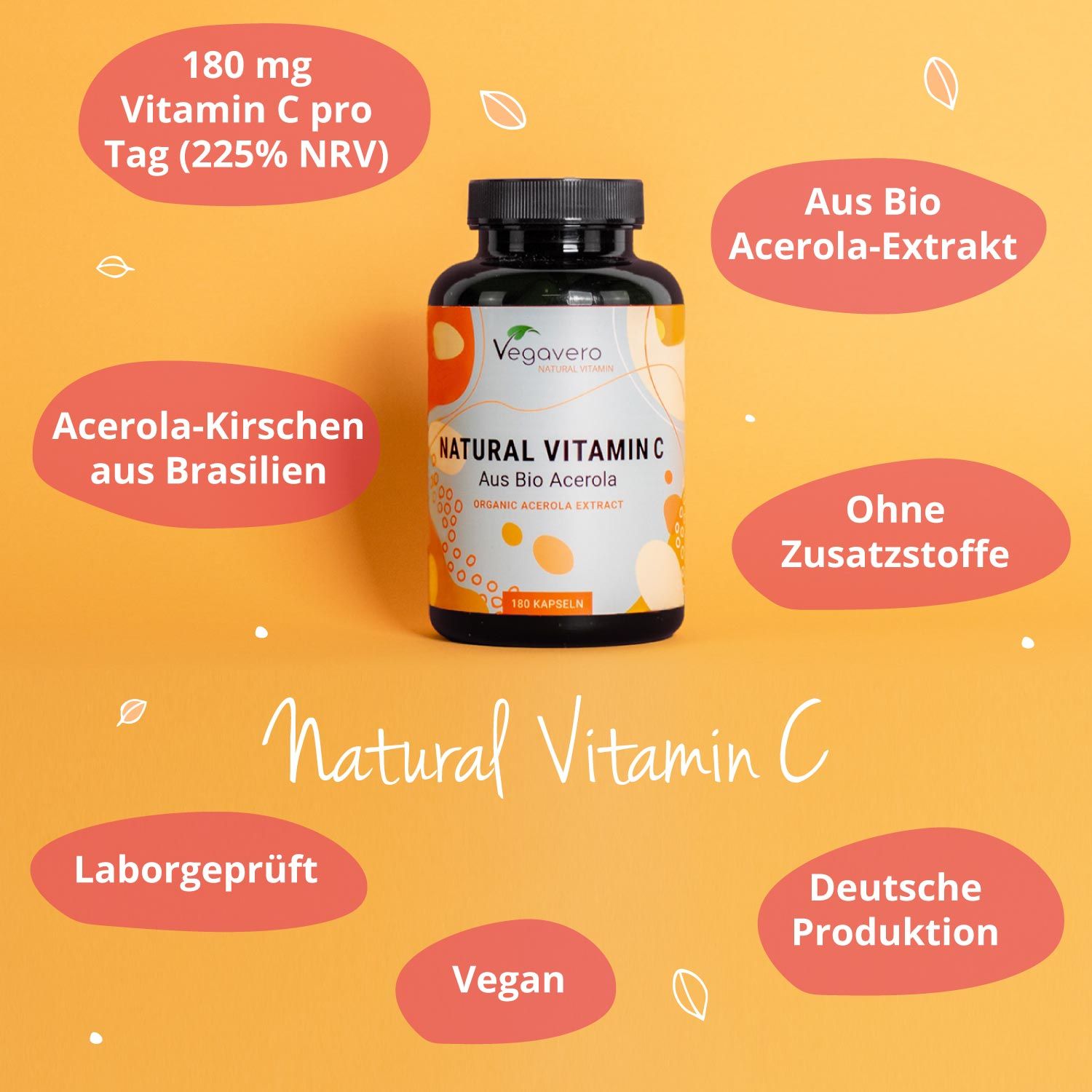 Grüne Flasche mit schwarzen Deckel. Aufschrift: Natural Vitamin C BIO. Angaben: 180 mg Vitamin C, vegan, Laborgeprüft.