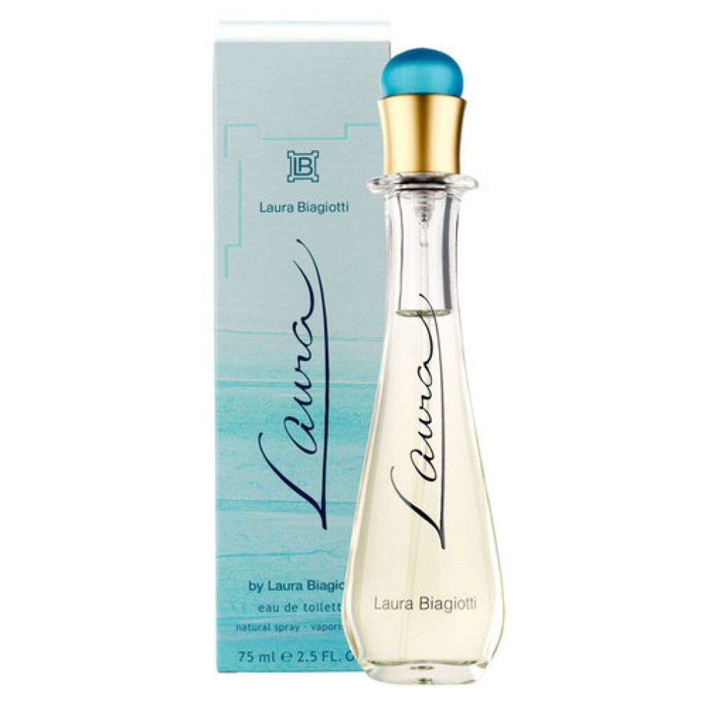Parfümflasche mit hellblauer Kappe und goldfarbenem Hals. Auf der Flasche steht "Laura". Die Verpackung ist hellblau mit Schriftzug.