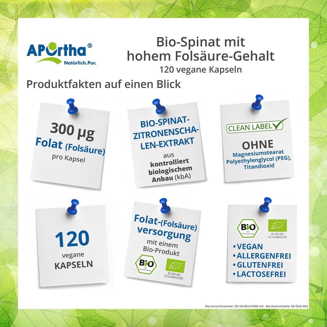 APOrtha® Bio-Spinat mit hohem Folsäure-Gehalt Kapseln
