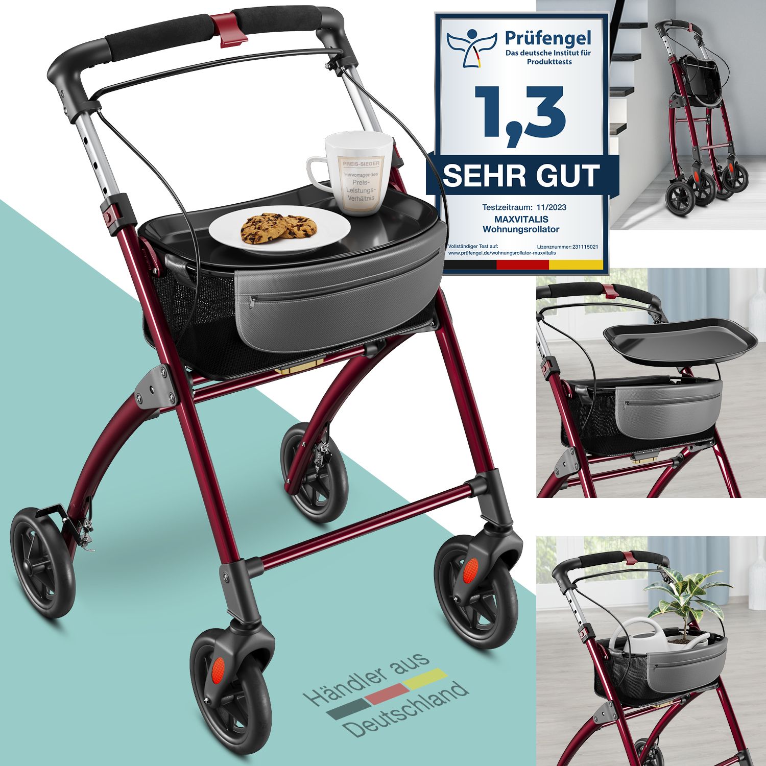 maxVitalis Wohnungsrollator 54cm breit, faltbar & leicht, mit Tablett & Stoffkorb, Rollator Wohnung