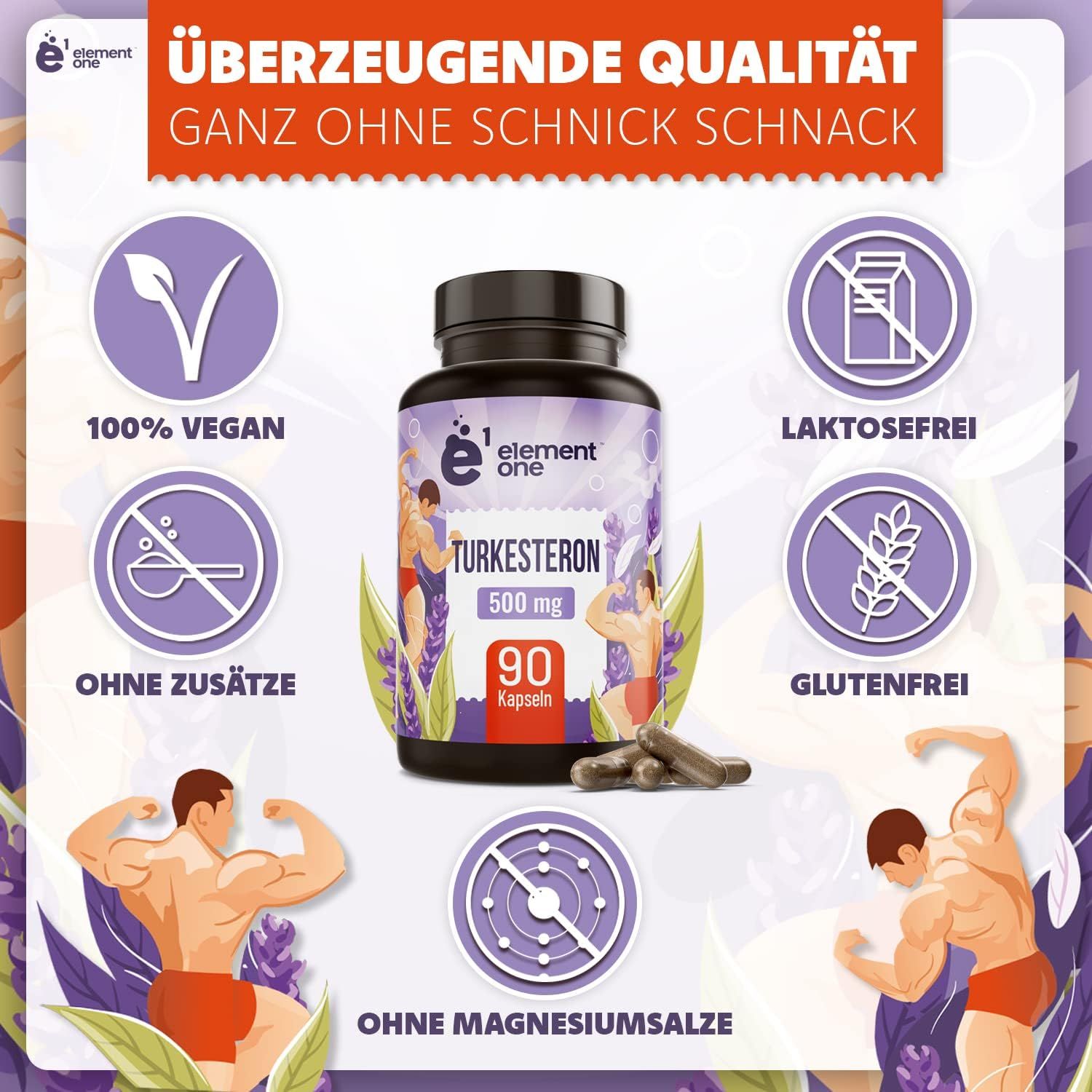 Braune Kapseln in einer schwarzen Flasche. Aufschrift: Turkesteron 500 mg, 90 Kapseln. Logos: vegan, laktosefrei, glutenfrei, ohne Zusätze, ohne Magnesiumsalze.