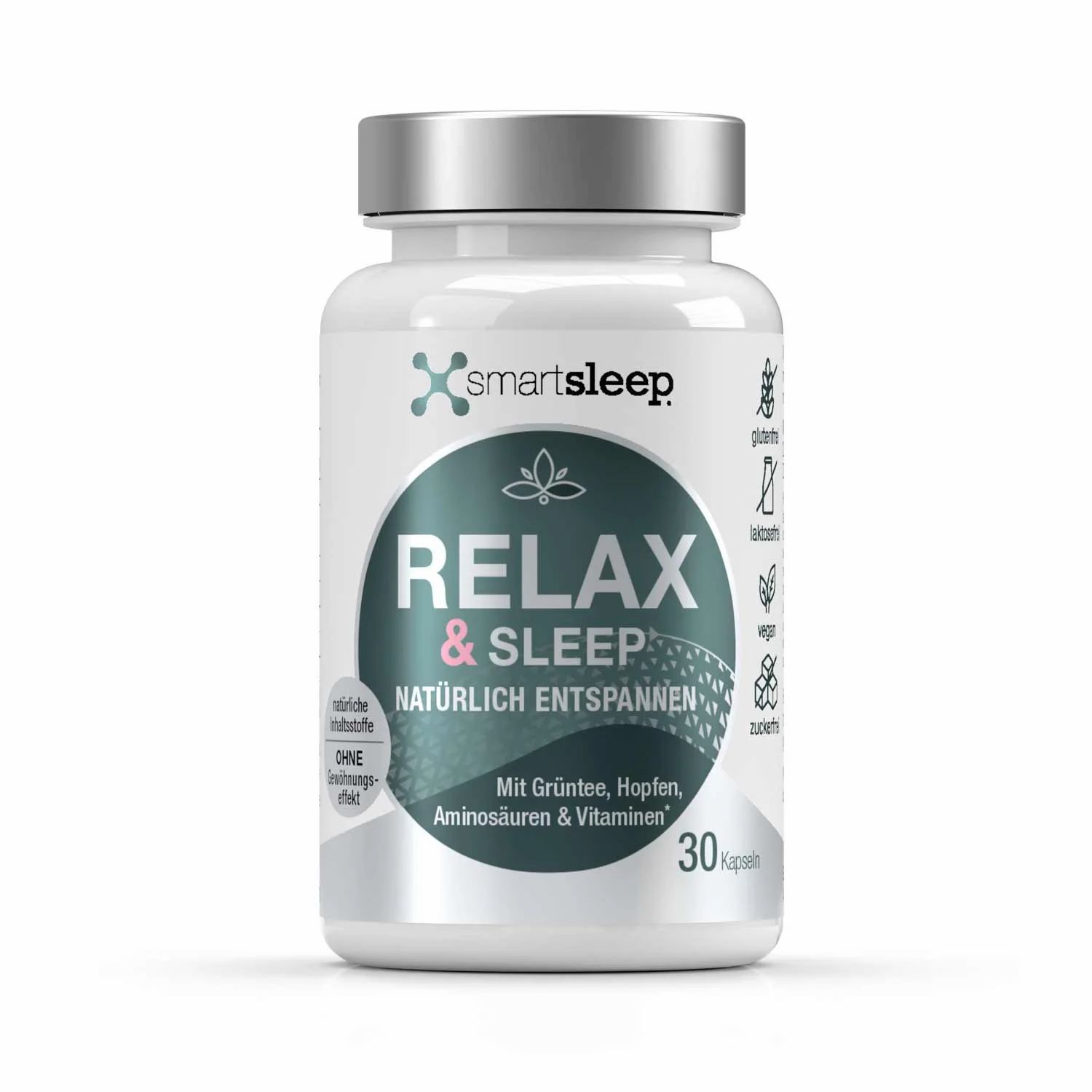 Weiße Flasche mit silbernem Deckel. Aufschrift: smartsleep RELAX & SLEEP. Enthält 30 Kapseln. Mit Grüntee, Hopfen, Aminosäuren & Vitaminen.