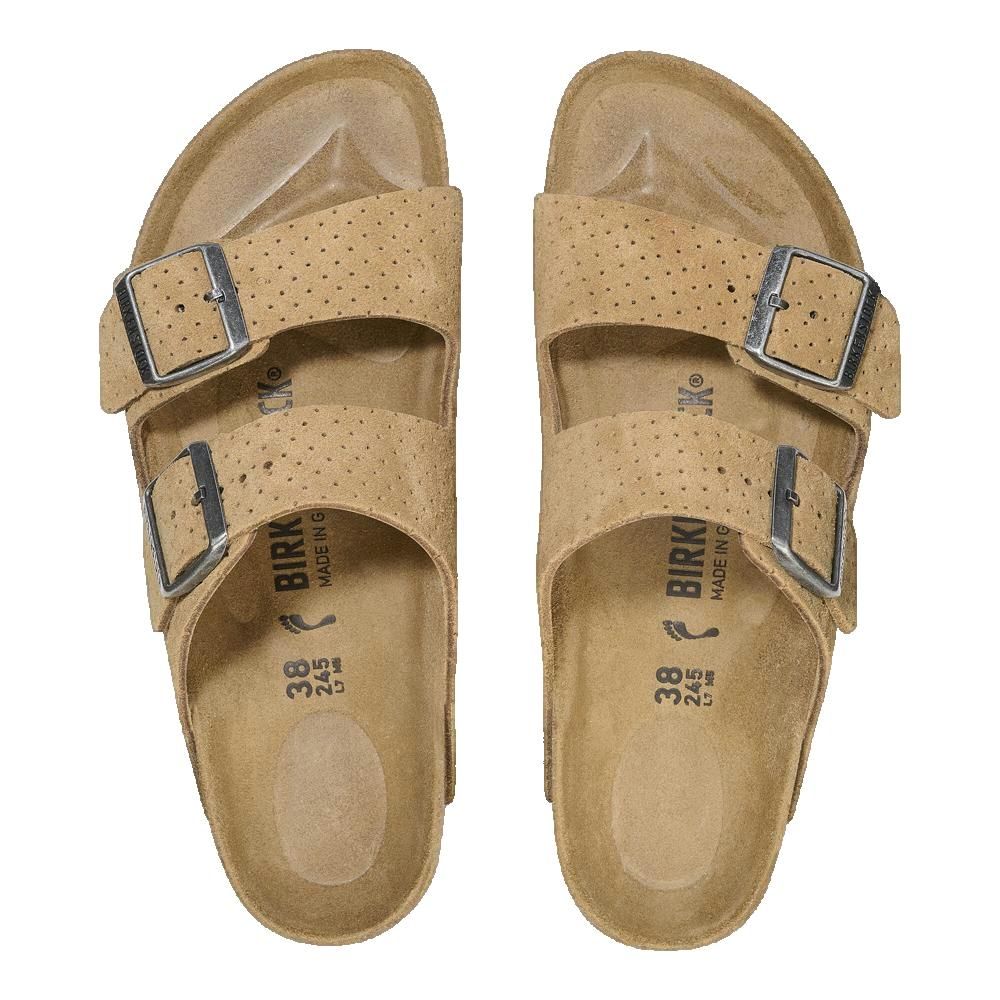 Paio di sandali con due cinturini, tomaia traforata e fibbie. Plantare in sughero. Beige chiaro. Taglia 38.