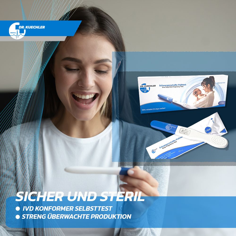 Frau hält Schwangerschaftstest. "Sicher und steril".