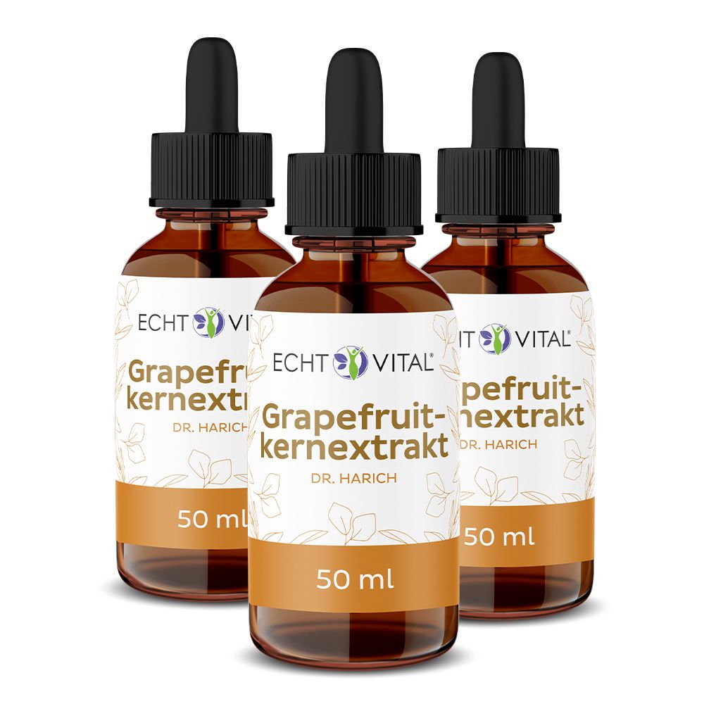 Drei Flaschen Echt Vital Grapefruitkernextrakt mit Tropfer. Aufschrift: 50 ml.