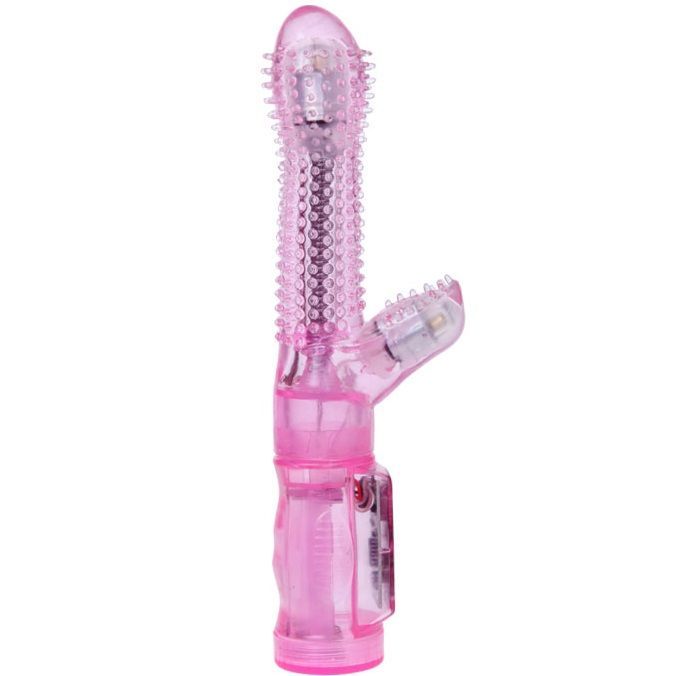 Rosa Vibrator mit geriffelter Oberfläche und abgewinkeltem Design. Bedienfeld sichtbar.
