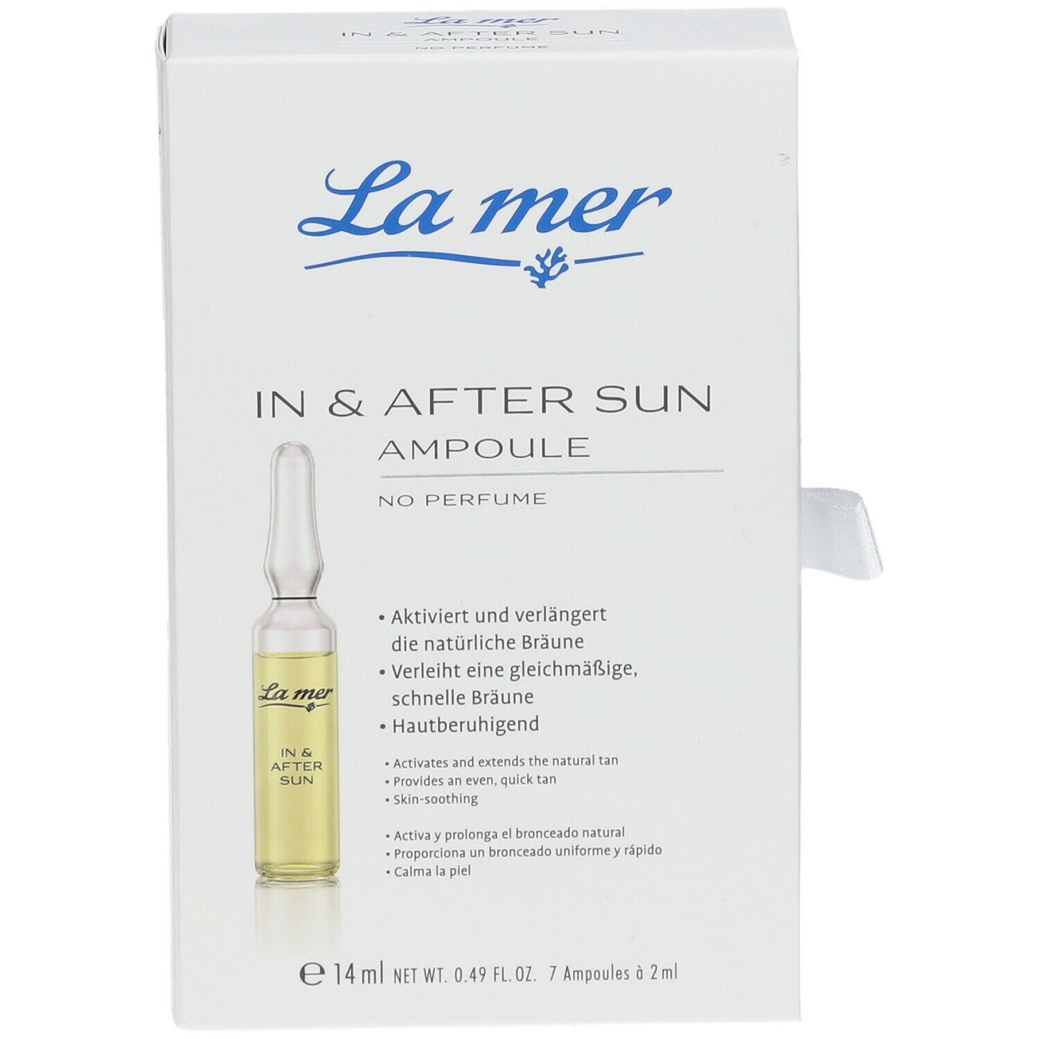 Weiße Verpackung mit Produkt und Ampulle. Aufdruck: La mer, IN & AFTER SUN, Ampulle, No Perfume.