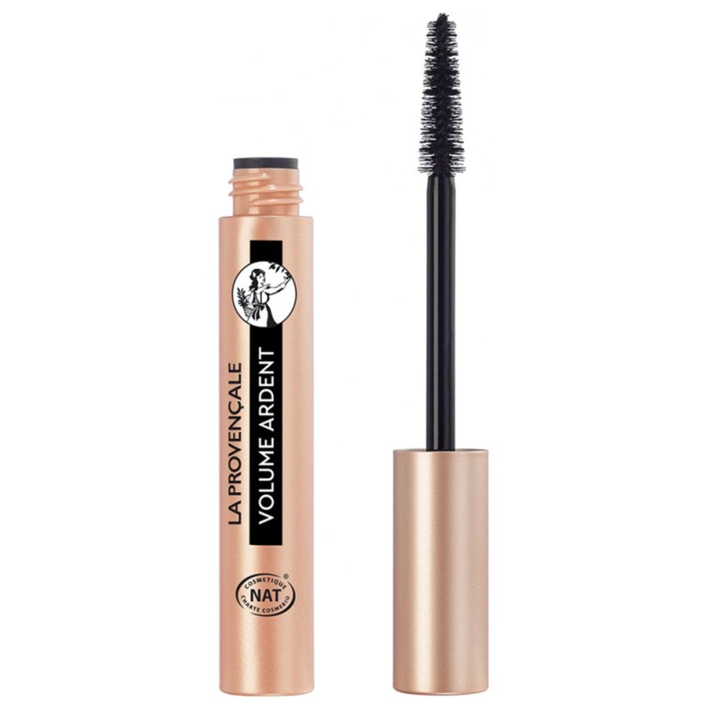 Geöffnete Mascara-Tube mit Bürste. Aufschrift: LA PROVENÇALE, VOLUME ARDENT. NAT-Logo. Schwarze Bürste.