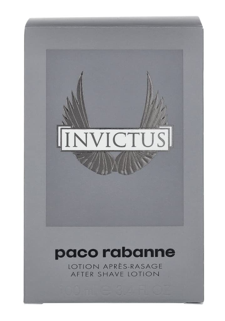 Graue Schachtel mit "Invictus"-Logo und "paco rabanne" Schriftzug. Auf der Schachtel steht "AFTER SHAVE LOTION".