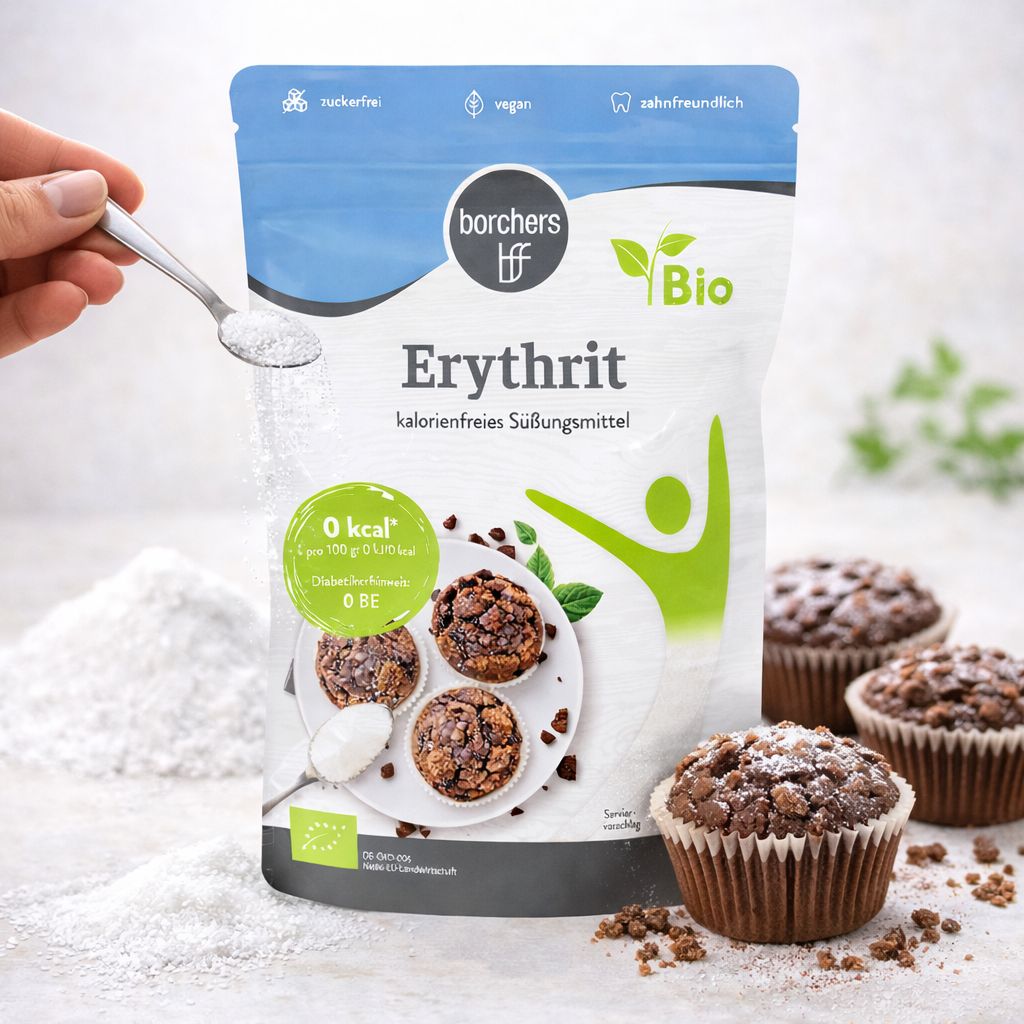 Borchers Bio Erythrit kalorienfreies Süßungsmittel Beutel mit Muffins.