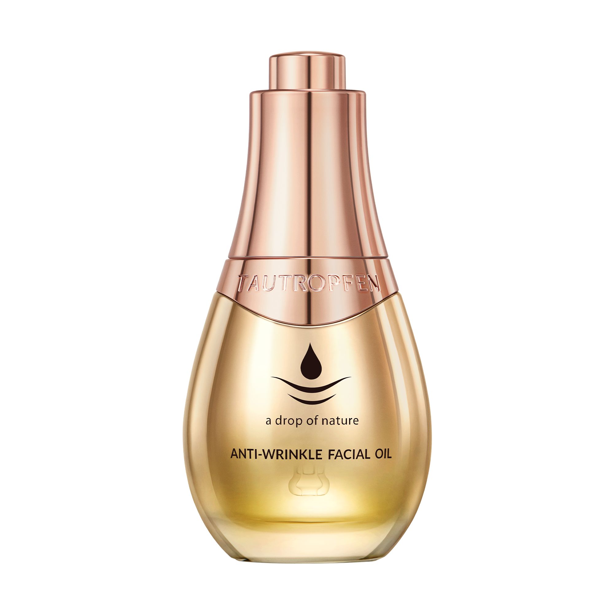 Goldene Gesichtsölflasche. Tropfen-Design. Marke: Tautropfen. Text: Anti-Wrinkle Facial Oil.