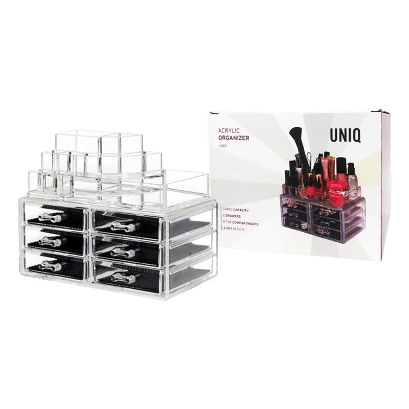 Make-up-Organizer mit 6 Schubladen und 18 Fächern, neben Verpackung. Verpackung mit Produktabbildung und UNIQ-Logo.