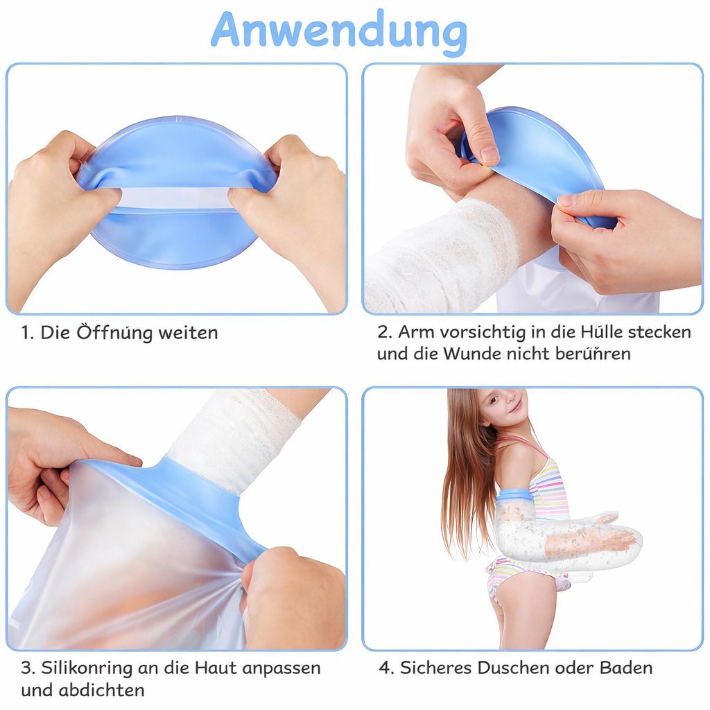 Anwendungsbeispiele der wasserdichten Schutzhülle. Schritte: Öffnen, Arm einführen, Silikonring anpassen, Duschen/Baden. Kind mit Schutzhülle.