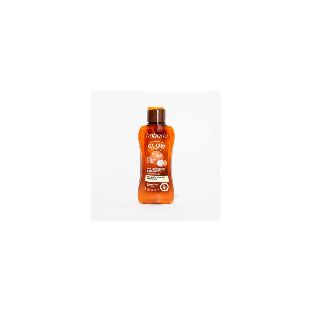 Babaria Tanning Oil Gel, braune Flasche. Aufschrift: Glow Effect, Monoi Tahiti, Aceite Bronceador Luminoso. Wasserfest. 100 ml.