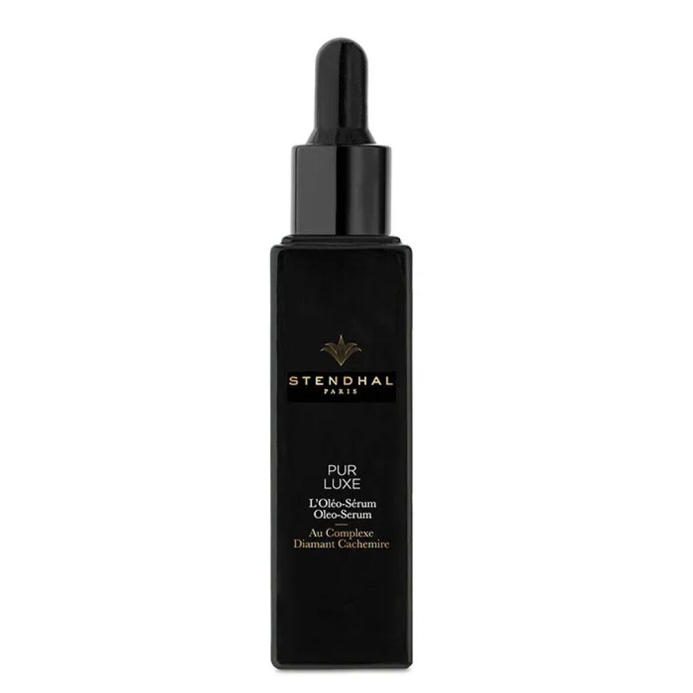 Schwarze Flasche mit Pipette. Aufschrift: Stendhal Paris, PUR LUXE, L'Oleo-Serum, Au Complexe, Diamant Cachemire.