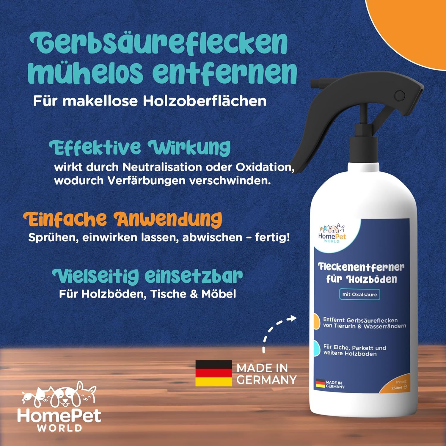 Produktflasche mit Sprühkopf. Text: Gerbsäureflecken mühelos entfernen. Effektive Wirkung. Einfache Anwendung. Vielseitig einsetzbar. Made in Germany.