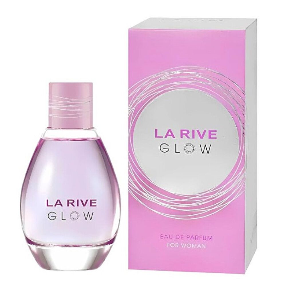 Parfümflakon und Verpackung. Flakon mit rosa Deckel, rosa Flüssigkeit. Verpackung mit Logo und Text.