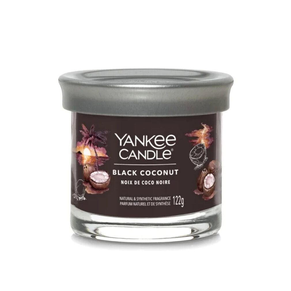 Glasbehälter mit Deckel. Aufschrift: Yankee Candle, Black Coconut. 122g. Abbildung einer Kokosnuss mit Palmen.