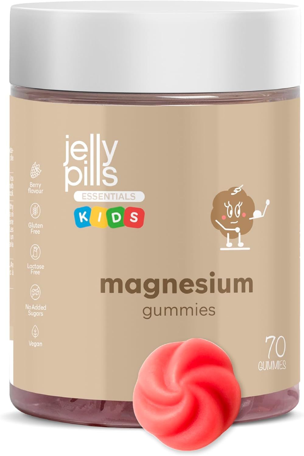 Behälter mit Jelly Pills Magnesium Gummis Kinder. Rote Gummibärchen. Aufschrift: Magnesium Gummis, 70 Gummies.