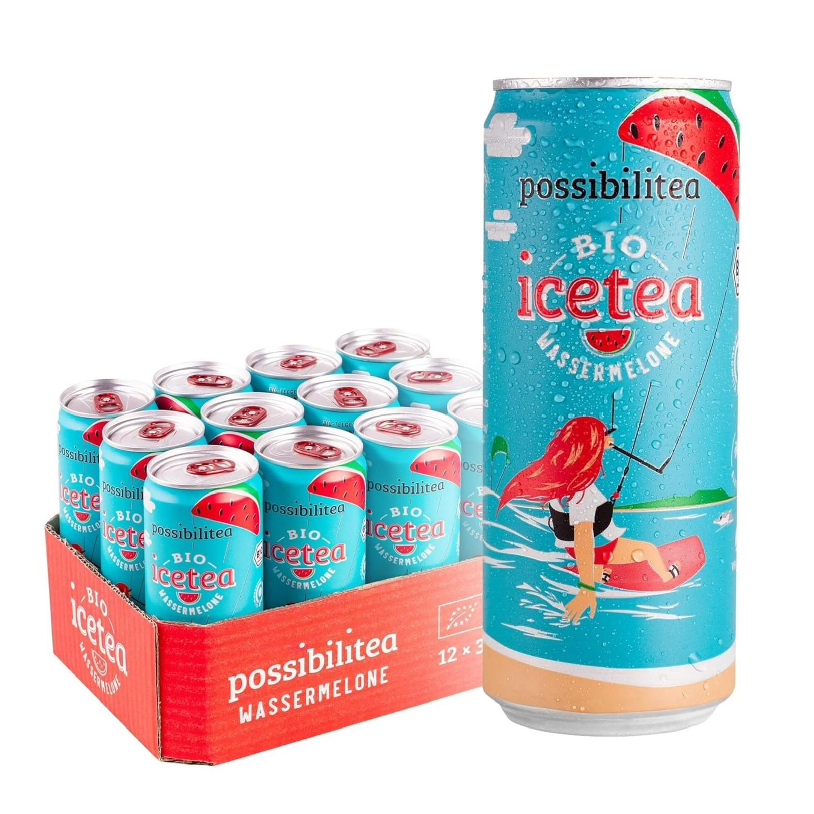 Karton mit 12 Dosen Possibilitea Bio Icetea Wassermelone. Einzelne Dose daneben. Türkis, rote Wassermelone, Bio-Siegel.