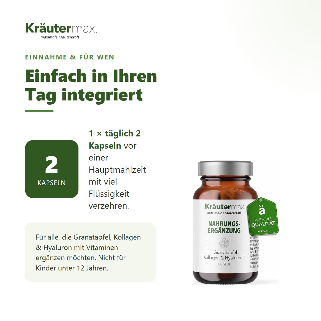 Anwendungshinweis: 2 Kapseln täglich. Braune Kapsel-Flasche mit Etikett.