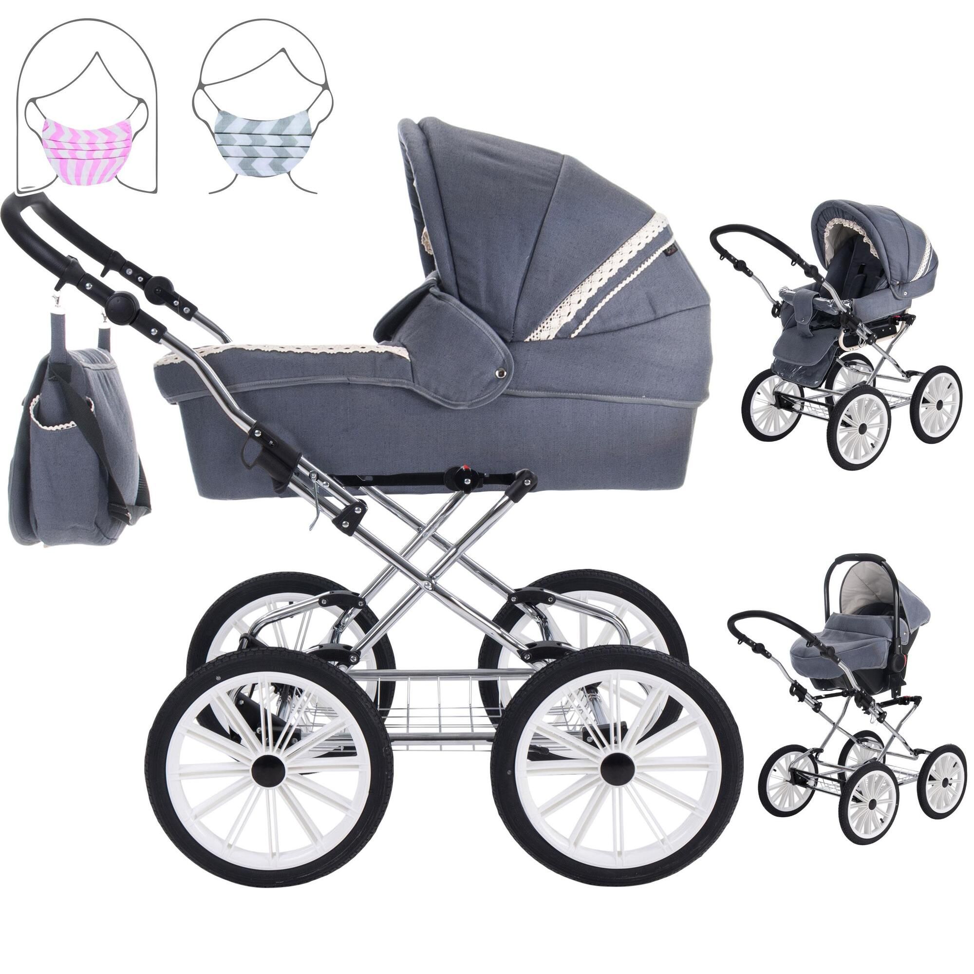 Grauer Kinderwagen mit weißem Dekor, 4 Räder, Tragetasche und Zubehör. Mehrere Ansichten.