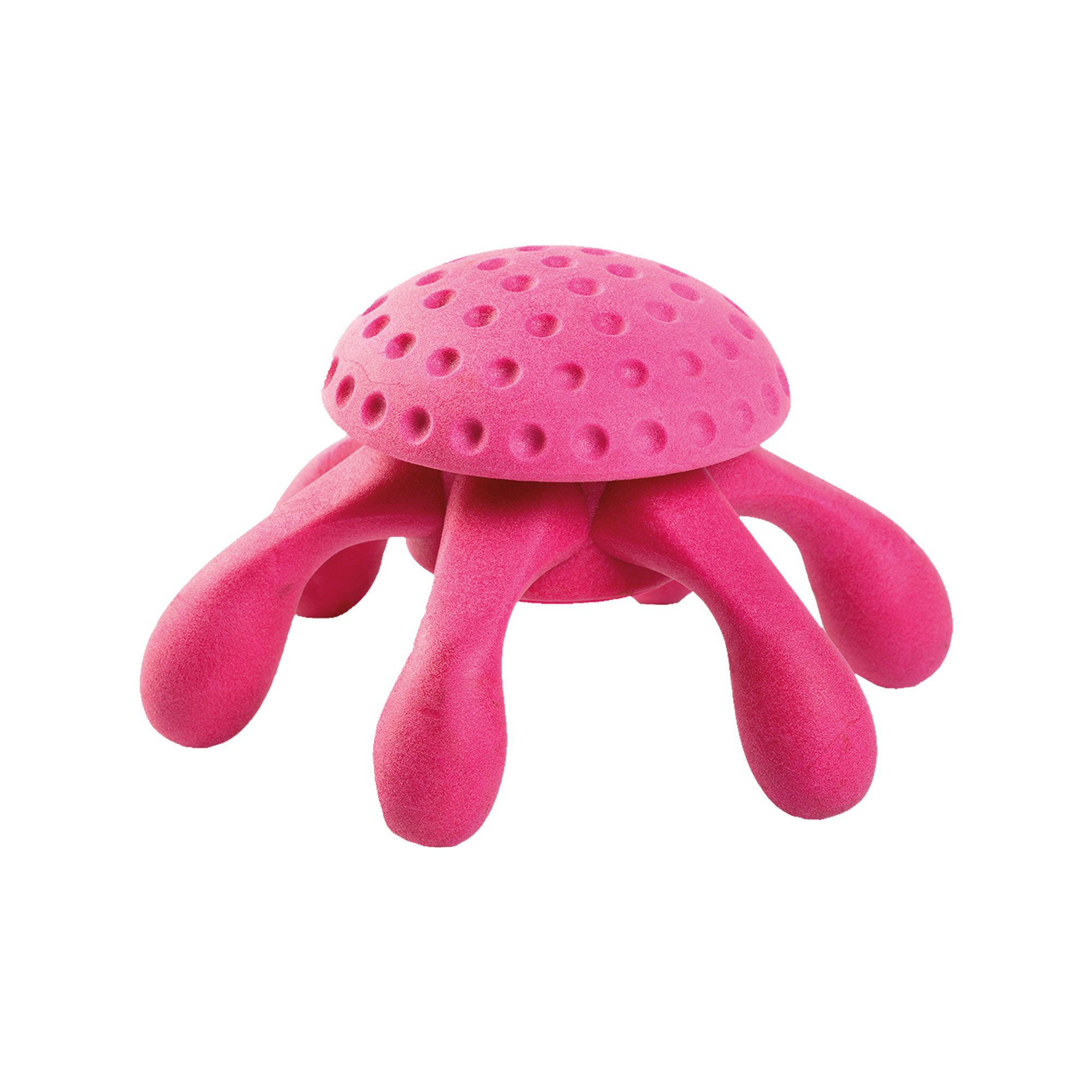 Rosa Octopus-Spielzeug mit Löchern auf der Oberseite und acht Tentakeln. Aus Gummi.