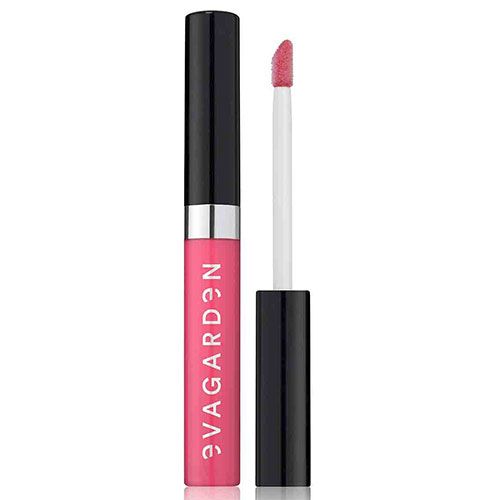 Rosa Lipgloss-Tube mit schwarzem Deckel und silbernem Ring. Aufschrift: Eva Garden. Applikator mit rosa Spitze.