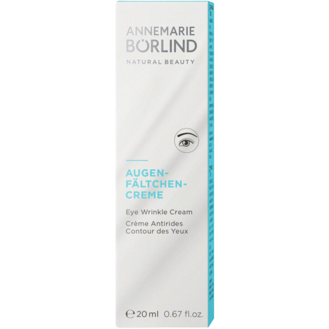 Produkt mit Verpackung. Marke: ANNEMARIE BÖRLIND. Produkt: AUGEN-FÄLTCHEN-CREME. Weiße Tube, blaue Verpackung.