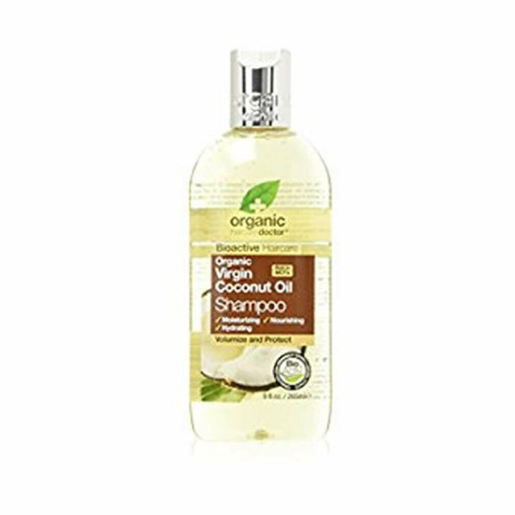 Dr. Organic Virgin Coconut Oil Shampoo. Flasche mit silbernem Deckel. Braunes Etikett mit Produktinformationen und Kokosnuss-Abbildung.