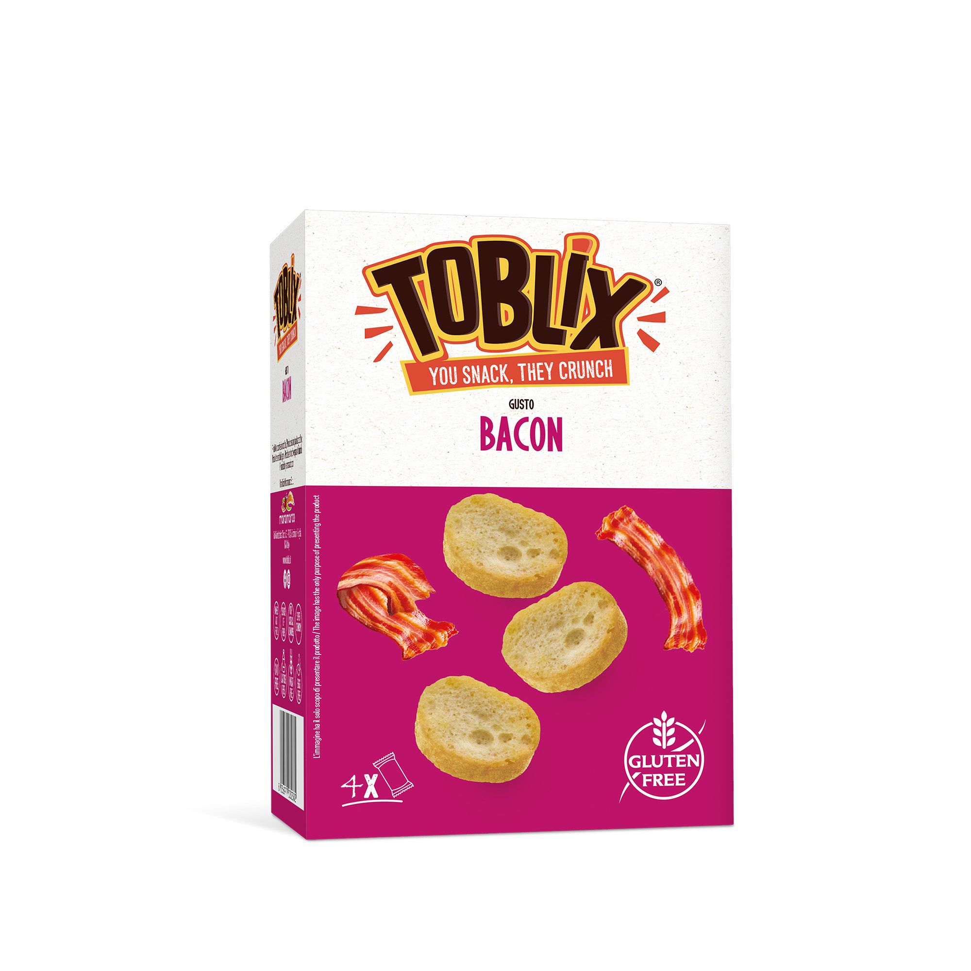 Confezione di Toblix Bacon. Scritta: Senza glutine. Immagine di bacon e crostini.